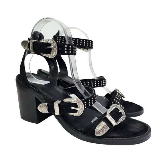 ASOS Western Studded Open Toe Strappy Chunky Heels Womens Size 7 Black Silver - Picture 2 of 14